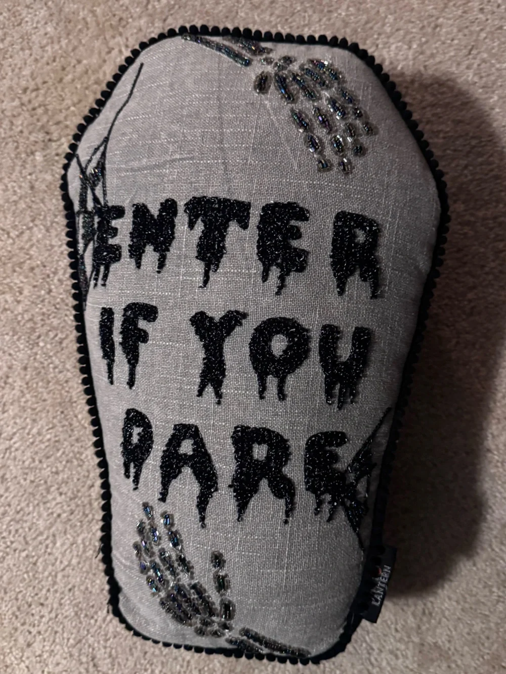 Bejeweled Gray Coffin Shaped Pillow with 'Enter If You Dare' Glitter Text ⚰️